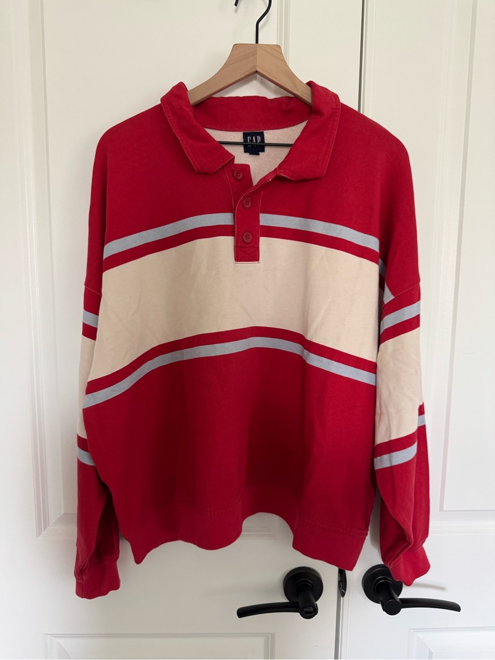 GAP Red Crewneck Rugby Sweater with Cream & Gray Stripes